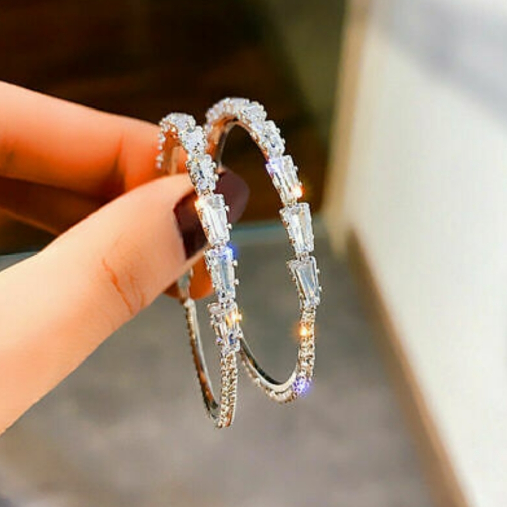 White Sapphire Hoop Earrings In Silver